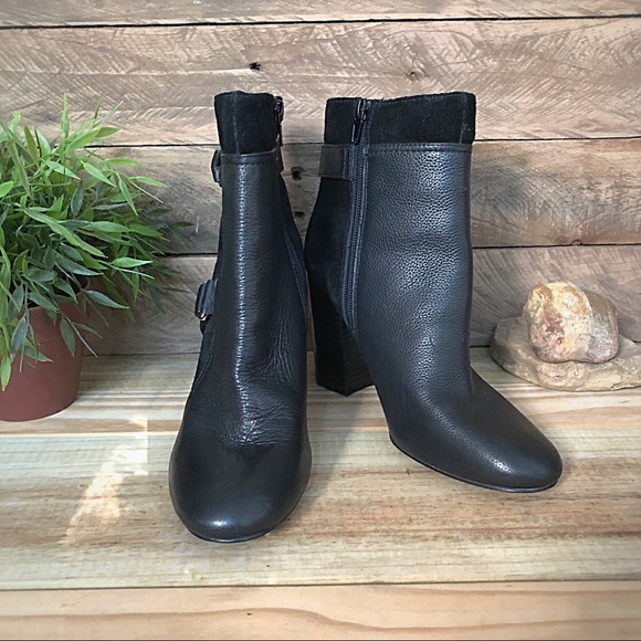 Nine West black leather & suede heeled booties - Picture 1 of 8